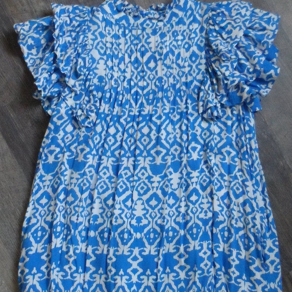 Hyacinth House Mini Sh/Slv Dress Blue & White Block Print Sz Small
